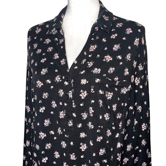 Market & Spruce 2X Black Floral Vasilisa Twill 1/4 Button Henley Shirt Dress - Picture 3 of 10